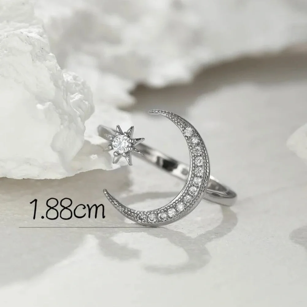 Stylish Moon and Star Adjustable stamp .925 Ladies Decor Cuff Ring